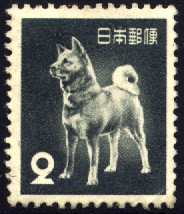 The Akita "Tachibana",[26] one of the few Akitas to survive the war, is pictured here on a Japanese 1953-issue postage stamp.