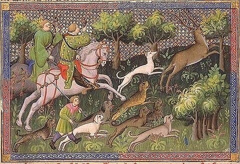 Raches (and a greyhound) pursuing the hart from Livre de la Chasse, a 15th-century MS of Gaston Phoebus